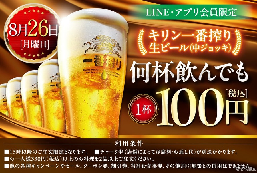 【本日限定】モンテローザ(全国833店舗)15時以降、中ジョッキ何杯注文しても1杯100円！　公式アプリ会員、公式アカウントのお友だち