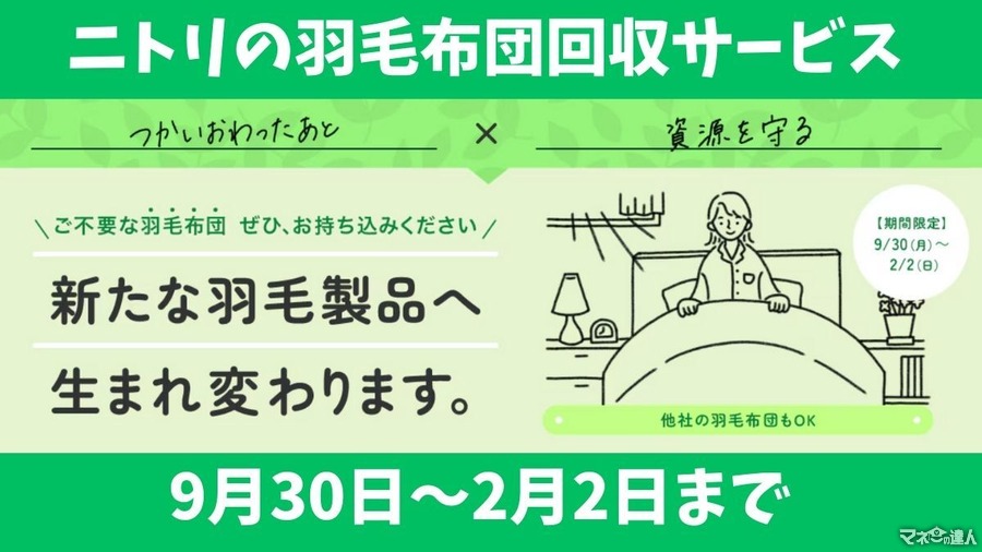 ニトリの「羽毛ふとん回収」は9/30～　寿命・買い替えの見極めポイント4つも解説