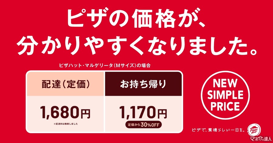 【ピザハット】分かりやすい料金体系へ　配達料廃止、持ち帰りは「定価の30%オフ」へ