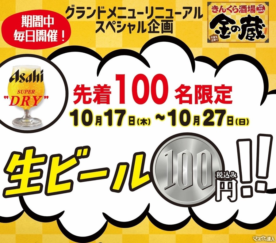 生ビール100円キャンペーン開始　金の蔵池袋店(10/17-27)