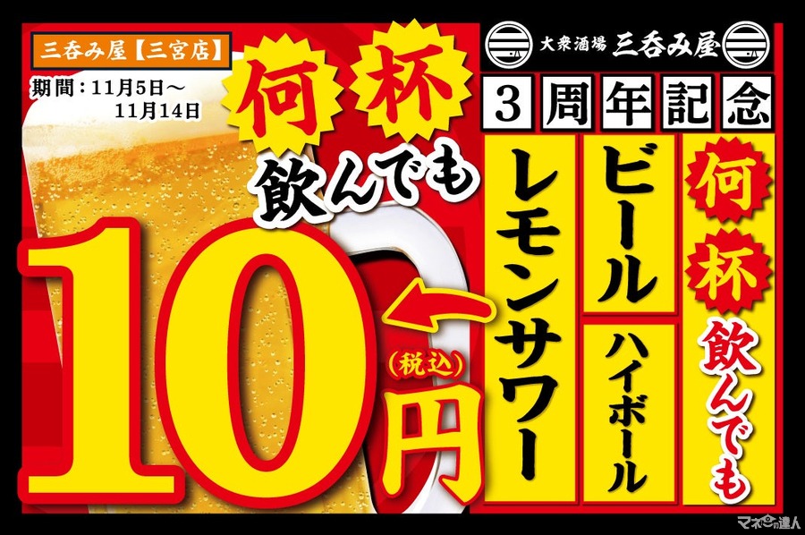 三呑み屋三宮店、3周年記念で生ビール、ハイボール、レモンサワーが何度でも1杯10円！キャンペーン