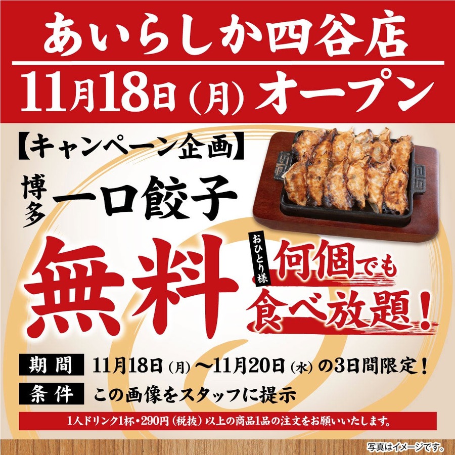 四ツ谷に新登場「全ドリンク219円！」博多酒場 あいらしか　オープニングキャンペーンは一口餃子の無料食べ放題(11/18-20)