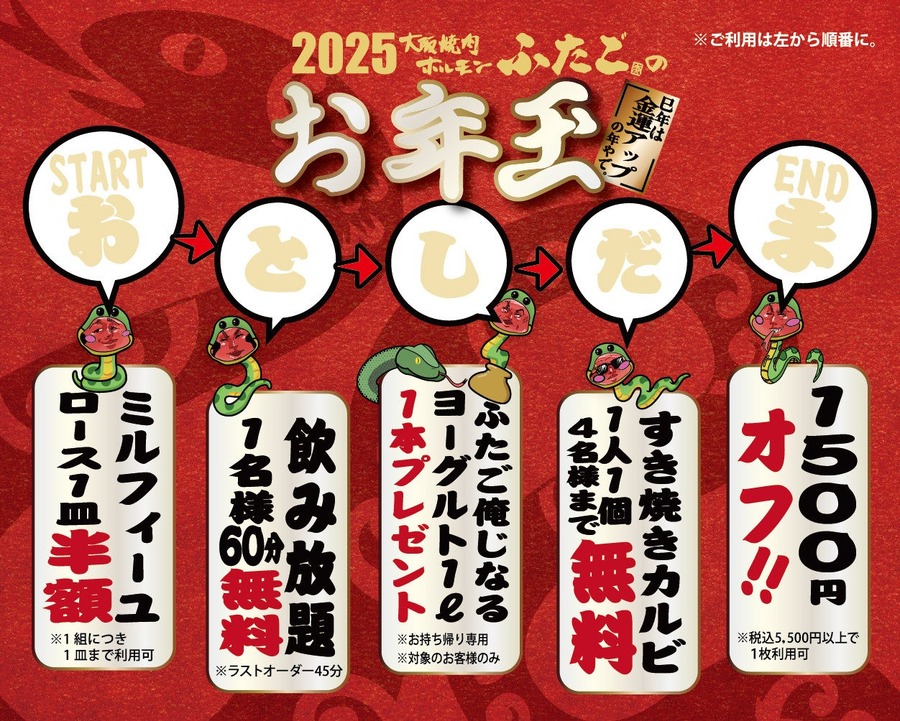 「大阪焼肉・ホルモン ふたご」2月末まで使えるお年玉クーポン配布中！