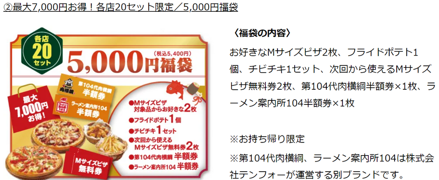 北海道発宅配ピザチェーン「テンフォー」最大13,000円お得な10,000円福袋12/26～予約開始