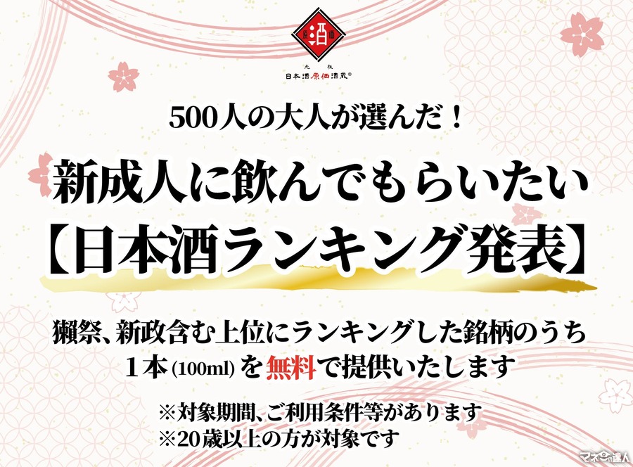 祝成人！人気投票で選ばれた5銘柄の日本酒を無料で提供（1/13-23）