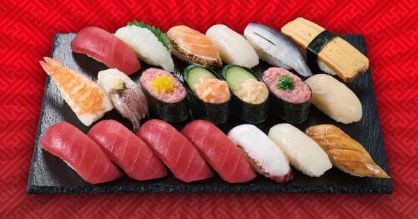 1貫64円【1/25.26限定】20貫の寿司セットを1,180円（税込1,274円）「まぐろ」「サーモン」「えび」「えんがわ」人気のネタバリュー盛り！