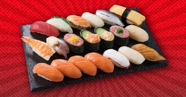 1貫64円【1/25.26限定】20貫の寿司セットを1,180円（税込1,274円）「まぐろ」「サーモン」「えび」「えんがわ」人気のネタバリュー盛り！