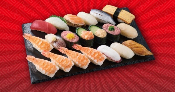 1貫64円【1/25.26限定】20貫の寿司セットを1,180円（税込1,274円）「まぐろ」「サーモン」「えび」「えんがわ」人気のネタバリュー盛り！