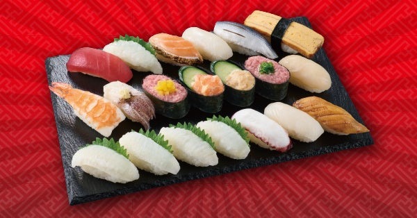 1貫64円【1/25.26限定】20貫の寿司セットを1,180円（税込1,274円）「まぐろ」「サーモン」「えび」「えんがわ」人気のネタバリュー盛り！