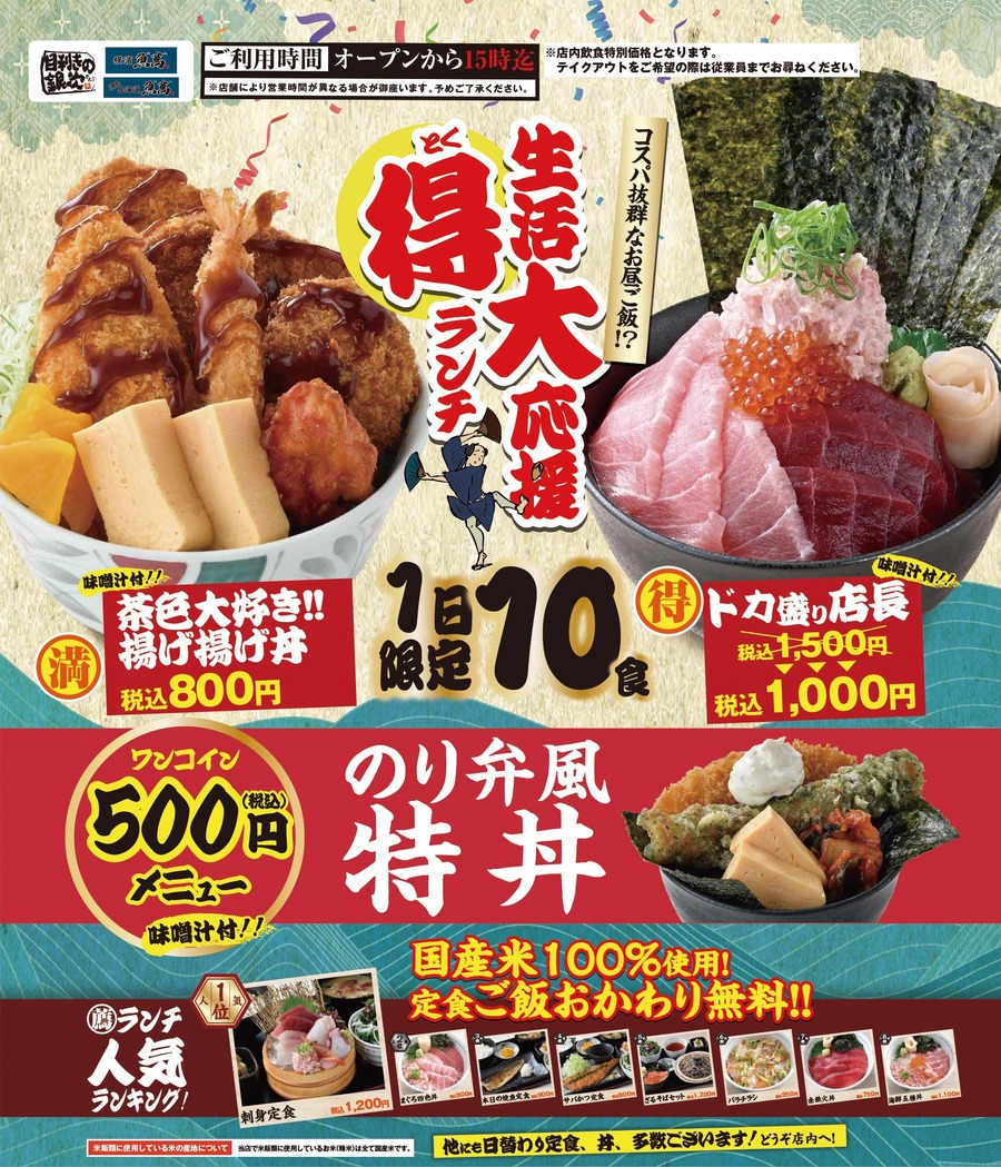 モンテローザ、得ランチ開始　注目は「ドカ盛り店長（海鮮丼）」と「茶色大好き!!揚げ揚げ丼」