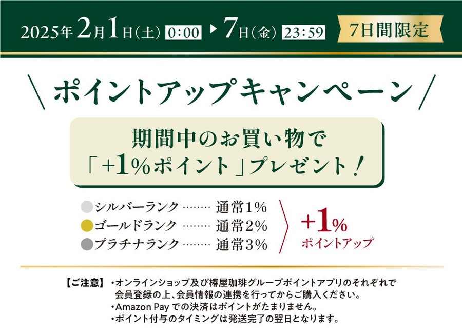 椿屋珈琲オンラインショップ5周年記念（2/1-28）ポイントアップは7日間限定（2/1-7）