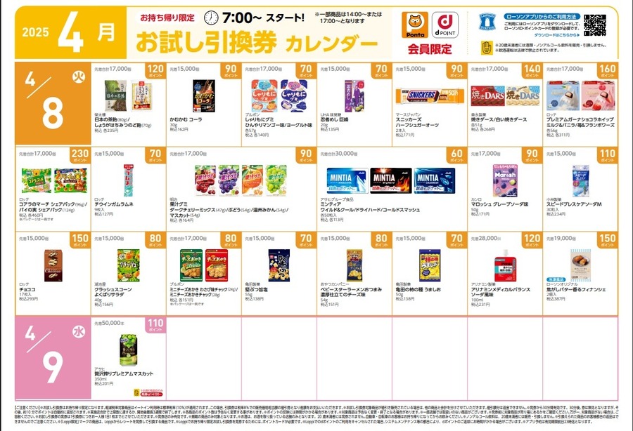 【8,020円節約】4月の「お試し引換券」対象商品・注目商品！2025年3月は8,020円の節約効果【ローソン】