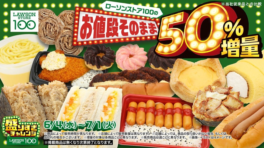 【ローソンストア100】「盛りすぎチャレンジ」で28商品が約50％増量！価格据え置きの神コスパ企画