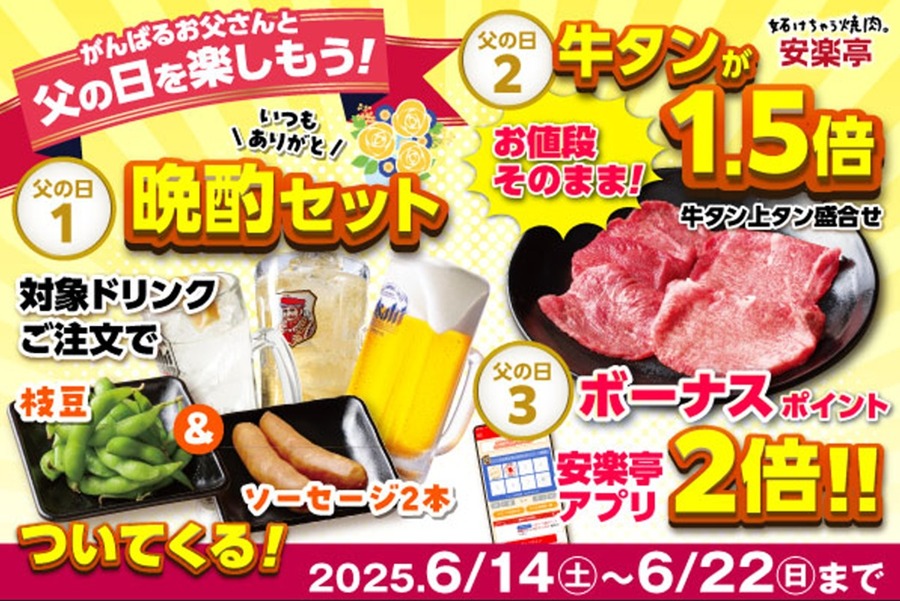 【安楽亭】！6/14～22限定で“お父さん主役”の3大特典（黒毛和牛カルビ半額等）キャンペーン実施中！