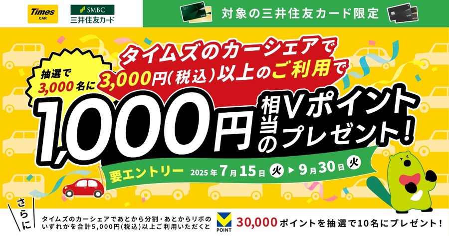 【三井住友カード】タイムズカーでおでかけして最大3万円相当Vポイントが当たる！？