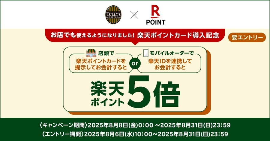【楽天ポイント】タリーズへの導入記念！ポイント5倍貯まるキャンペーン