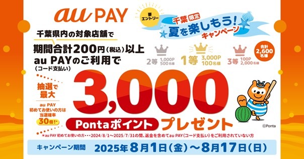 「au PAY 久々に使う人は当選確率30倍？」千葉限定の特別キャンペーン開始8/1～