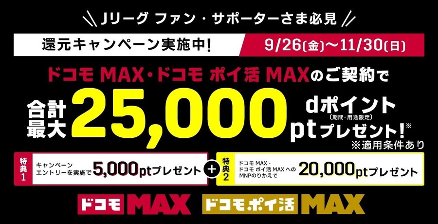 ドコモ Jリーグファン必見の還元キャンペーン&他キャンペーンで最大25,000pt