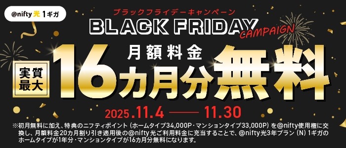 ＠nifty光のBLACK FRIDAY11/4~30 新規申込で月額最大16カ月無料