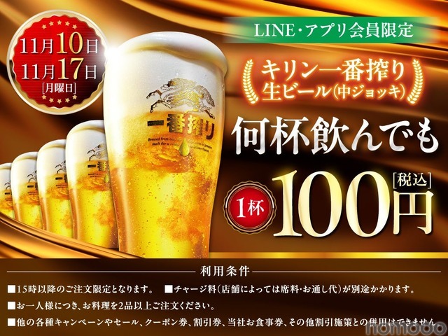 魚民や目利きの銀次などで生ビールが100円に！11/10と11/17にキャンペーン実施