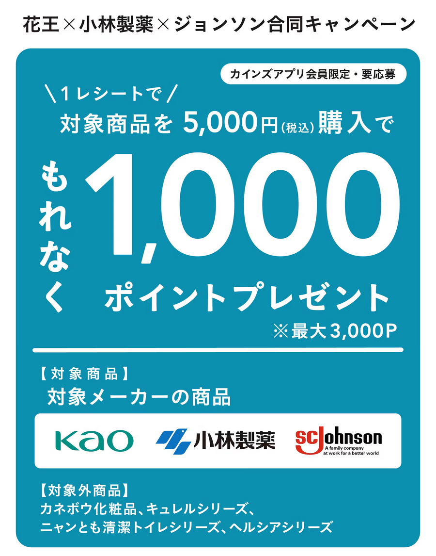 カインズ・花王・小林製薬・ジョンソン合同キャンペーン！最大3,000ポイント還元