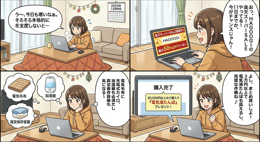 楽天スーパーSALEでHAGOOGIの冬物用品がお得に【4コマ漫画で要点整理】