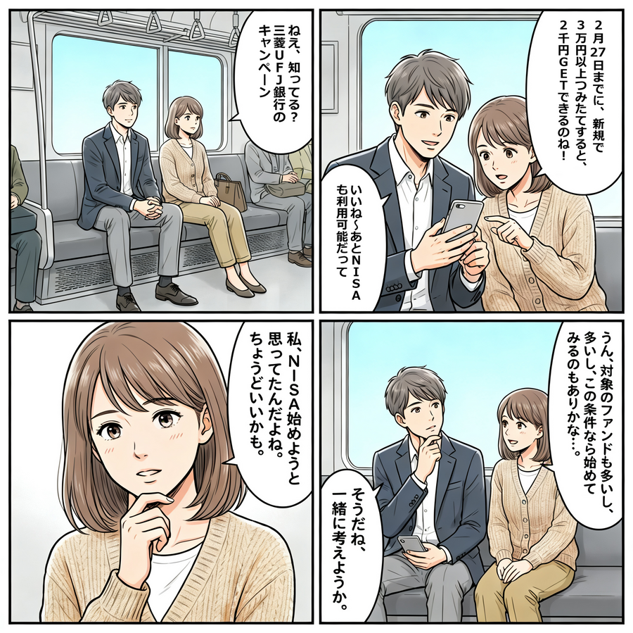 三菱UFJ銀行・投信つみたて新規契約キャンペーン【4コマ漫画で要点整理】