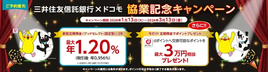 三井住友信託銀行×ドコモ協業記念！金利1.20％定期預金と最大3万ポイント還元