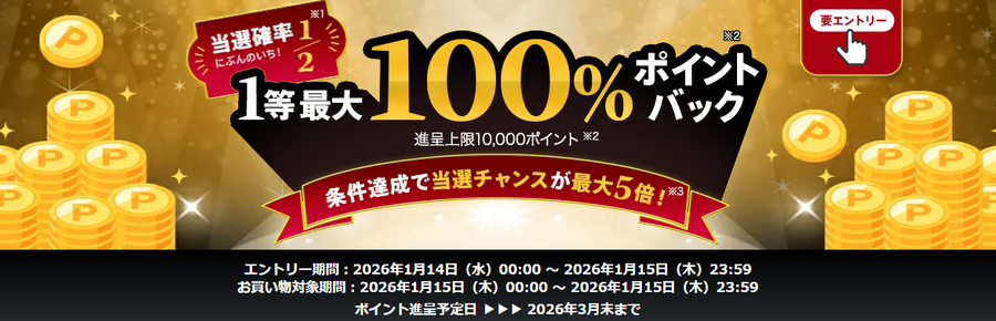 楽天ポイント最大100%還元・1～3等の確率2分の1【買い物期間は1/15限定】