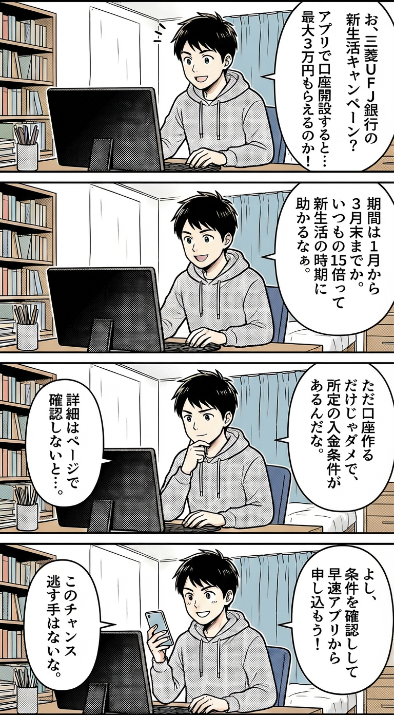 三菱UFJ銀行「口座開設で最大3万円」キャンペーンを解説【4コマ漫画で要点整理】