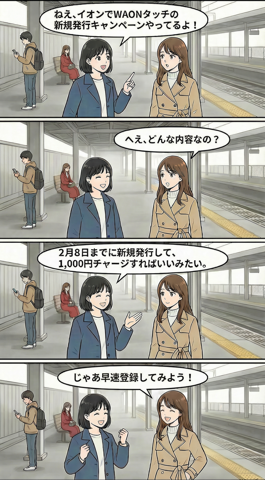 新規でAEON Pay「WAONタッチ」発行すると1,000pt【4コマ漫画で要点整理】