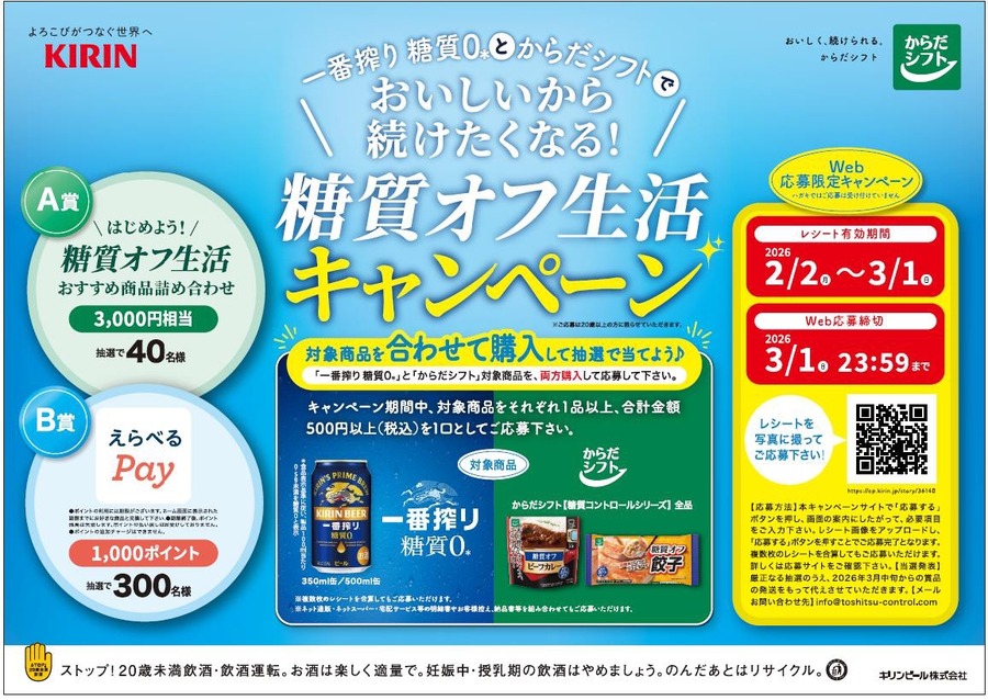 三菱食品×キリンビールが糖質ゼロでコラボ！レシート応募で340名にプレゼント