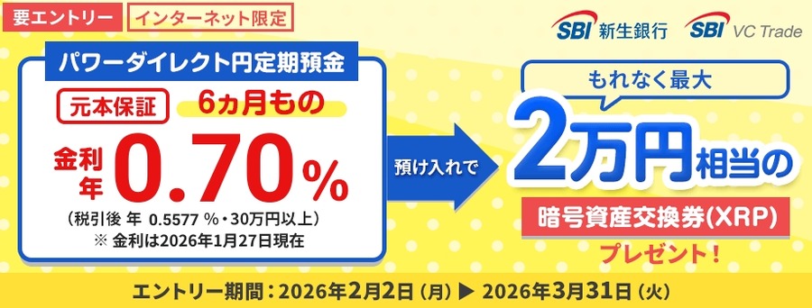 SBI新生銀行×SBI VCトレード連携！定期預金の預入で最大2万円相当のXRP進呈