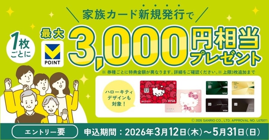 三井住友カード家族カード追加で最大9,000ポイント！エントリー3/12～開始