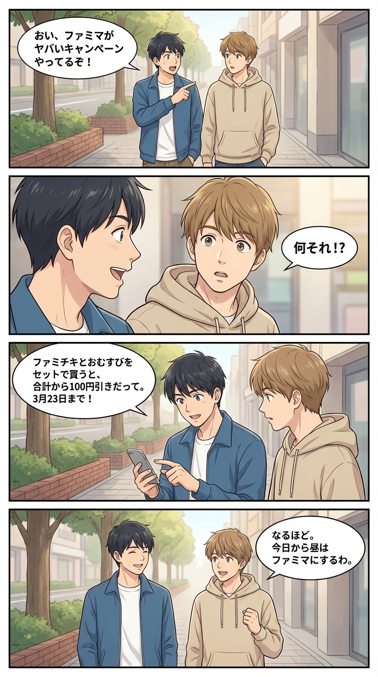 ファミチキ＆おむすびのセット購入が今アツい？【4コマ漫画で要点整理】