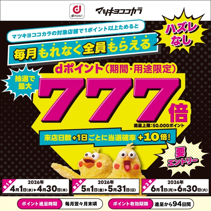 dポイントが最大777倍！マツモトキヨシ・ココカラファインの来店日数で当選確率UP
