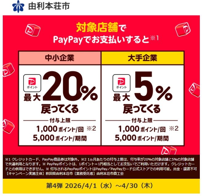 PayPay×秋田県由利本荘市2026年4月｜中小企業20％・大手5％還元