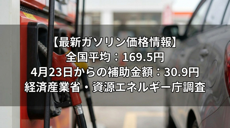 ガソリン全国平均169.5円に上昇 4月23日からの補助額は30.9円【経産省資源エネルギー庁調査】