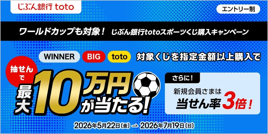 【auじぶん銀行】ワールドカップも対象になるスポーツくじ特典を開催！最大10万円をプレゼント