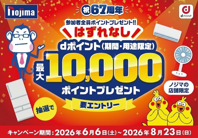 ノジマ創業67周年記念企画 抽選で6,700名にdポイントをプレゼント