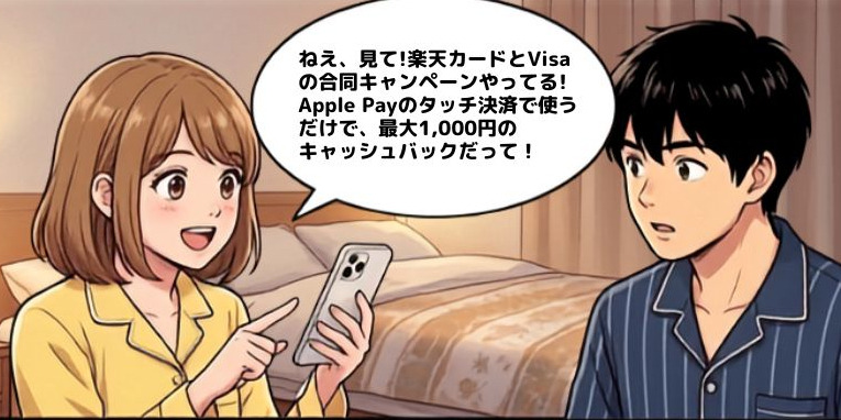 Apple Payタッチ決済すると最大1,000円キャッシュバック？楽天カードとVisaの共催企画【4コマ漫画で要点整理】