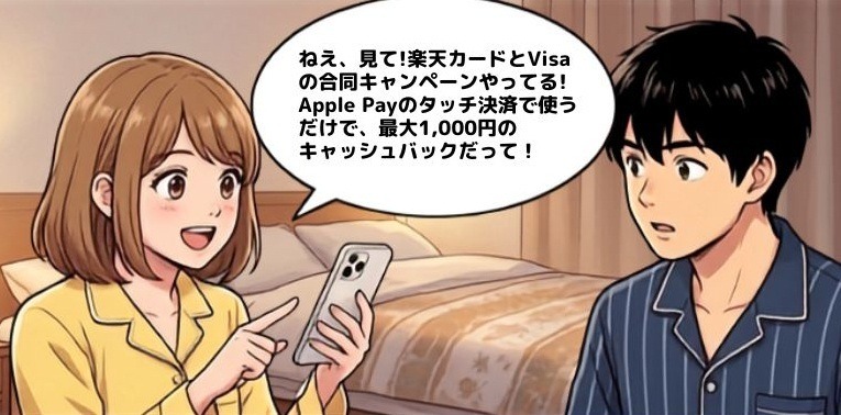 Apple Payタッチ決済すると最大1,000円キャッシュバック？楽天カードとVisaの共催企画【4コマ漫画で要点整理】