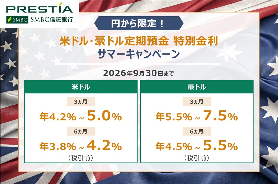 【SMBC信託銀行】米ドル最大年5.0％・豪ドル最大年7.5％の外貨定期預金サマーキャンペーン