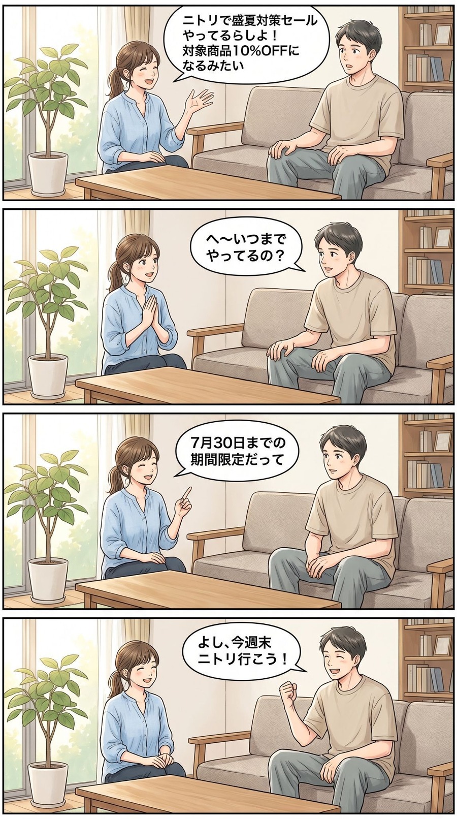 ニトリ盛夏対策セールはいつまで？【4コマ漫画で要点整理】