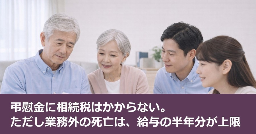 弔慰金に相続税はかからない。ただし業務外の死亡は、給与の半年分が上限
