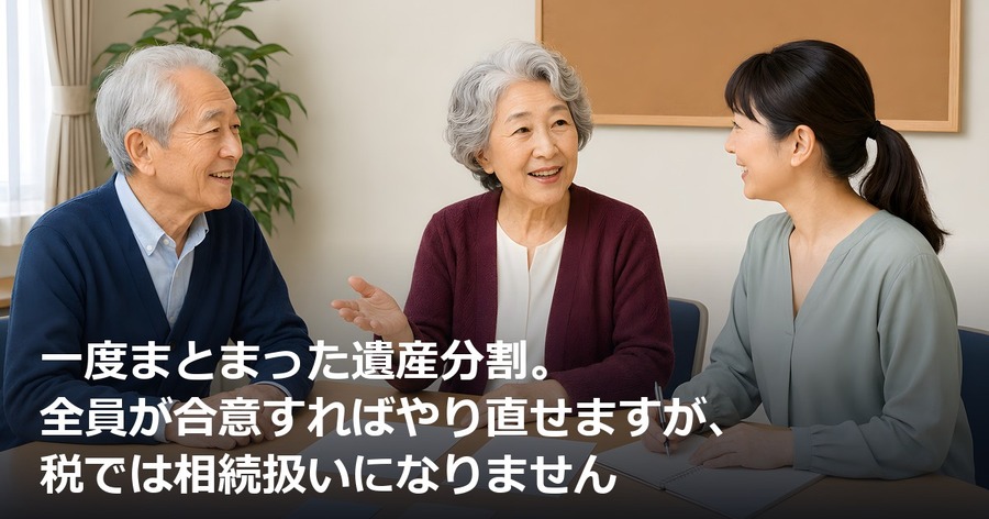 一度まとまった遺産分割。全員が合意すればやり直せますが、税では相続扱いになりません