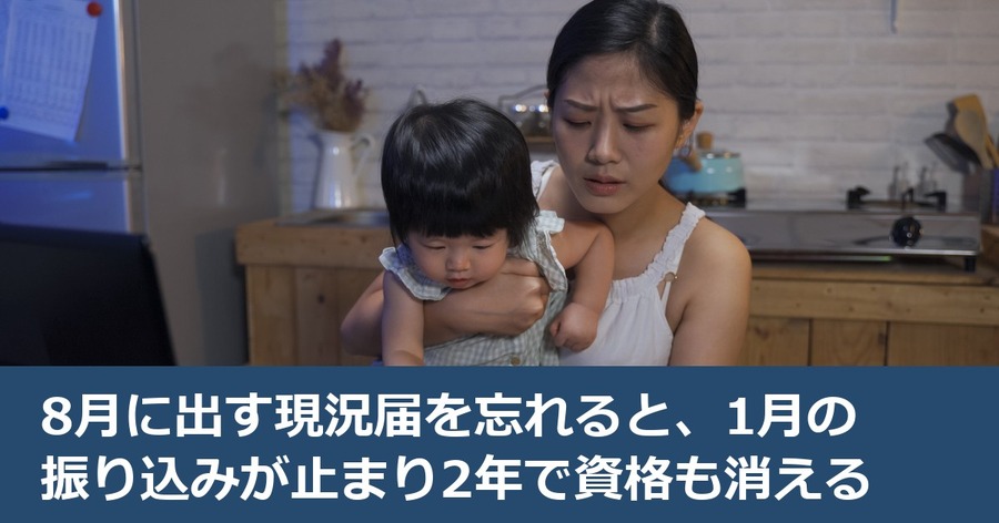 8月に出す現況届を忘れると、1月の振り込みが止まり2年で資格も消える
