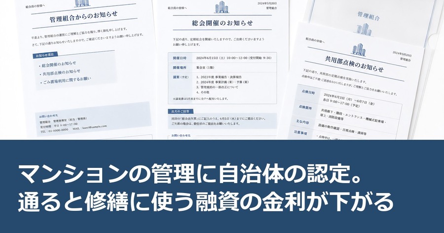 マンションの管理に自治体の認定。通ると修繕に使う融資の金利が下がる