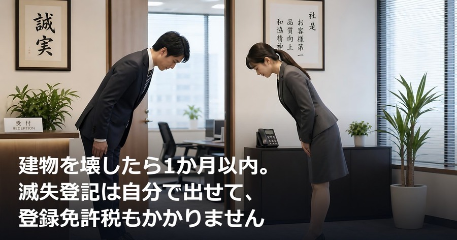 建物を壊したら1か月以内。滅失登記は自分で出せて、登録免許税もかかりません