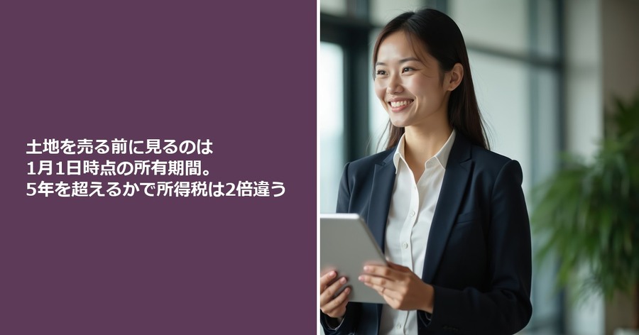 土地を売る前に見るのは1月1日時点の所有期間。5年を超えるかで所得税は2倍違う